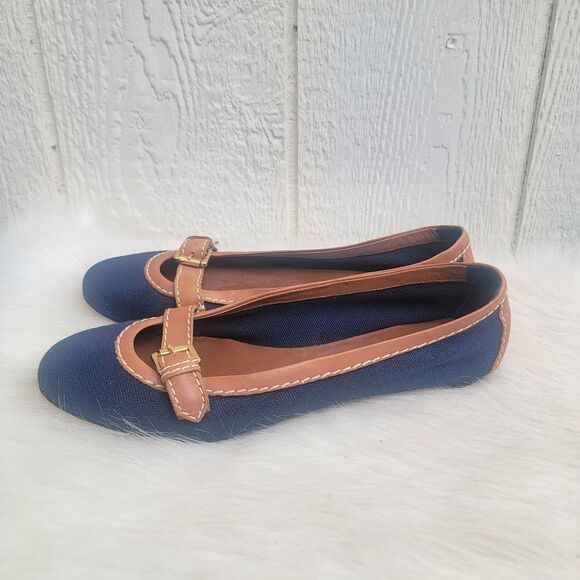 Talbots Ballet Flats Navy/Brown Canvas Leather Buckle Flats Women's Size 8B - Picture 3 of 7